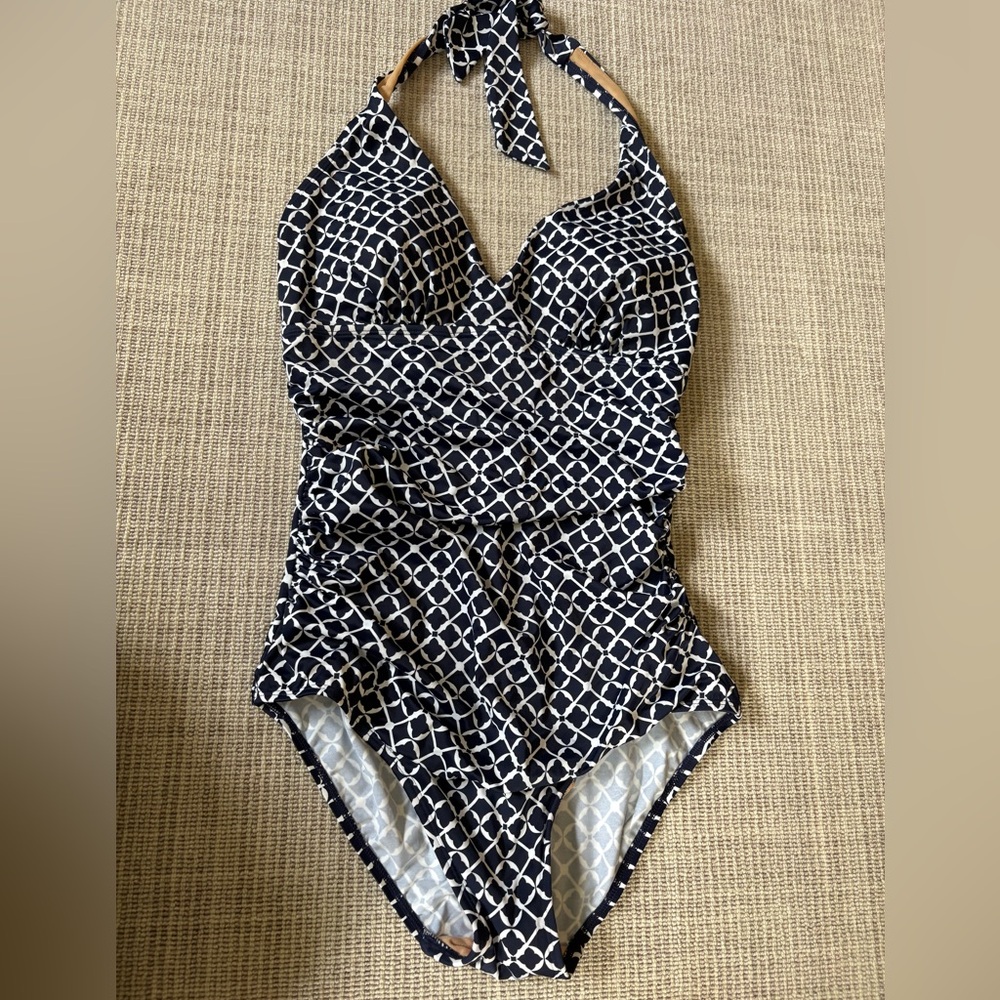 L.L.Bean Halter One Piece Swimsuit Navy White Geometric Print Ruched Size 12
